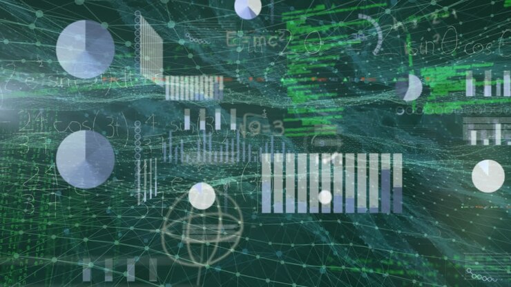 Animation of financial data processing over network of connections on black background