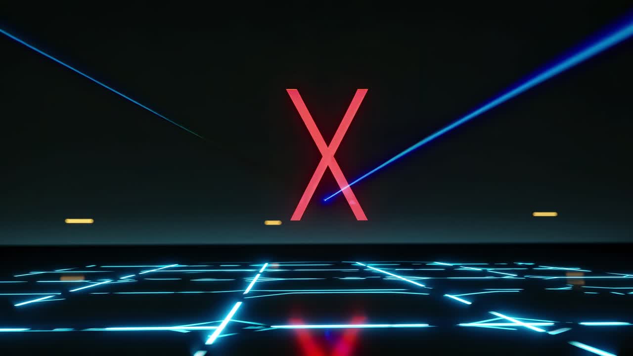 Blue laser beam drawing a red X on a dark background with futuristic grid and yellow markers, perfect for technology, gaming or futuristic concepts