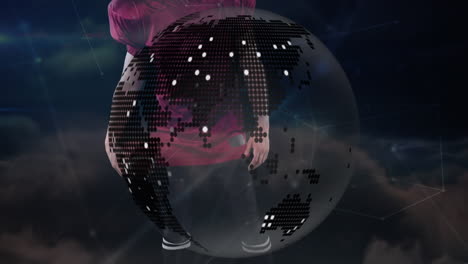 animation of globe and data processing over caucasian male american football player with ball