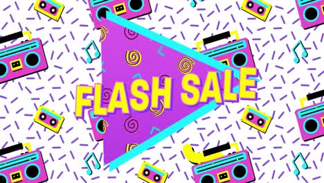 Animation-of-flash-sale-text-on-triangle-with-tape-recorders-and-lines-over-white-background