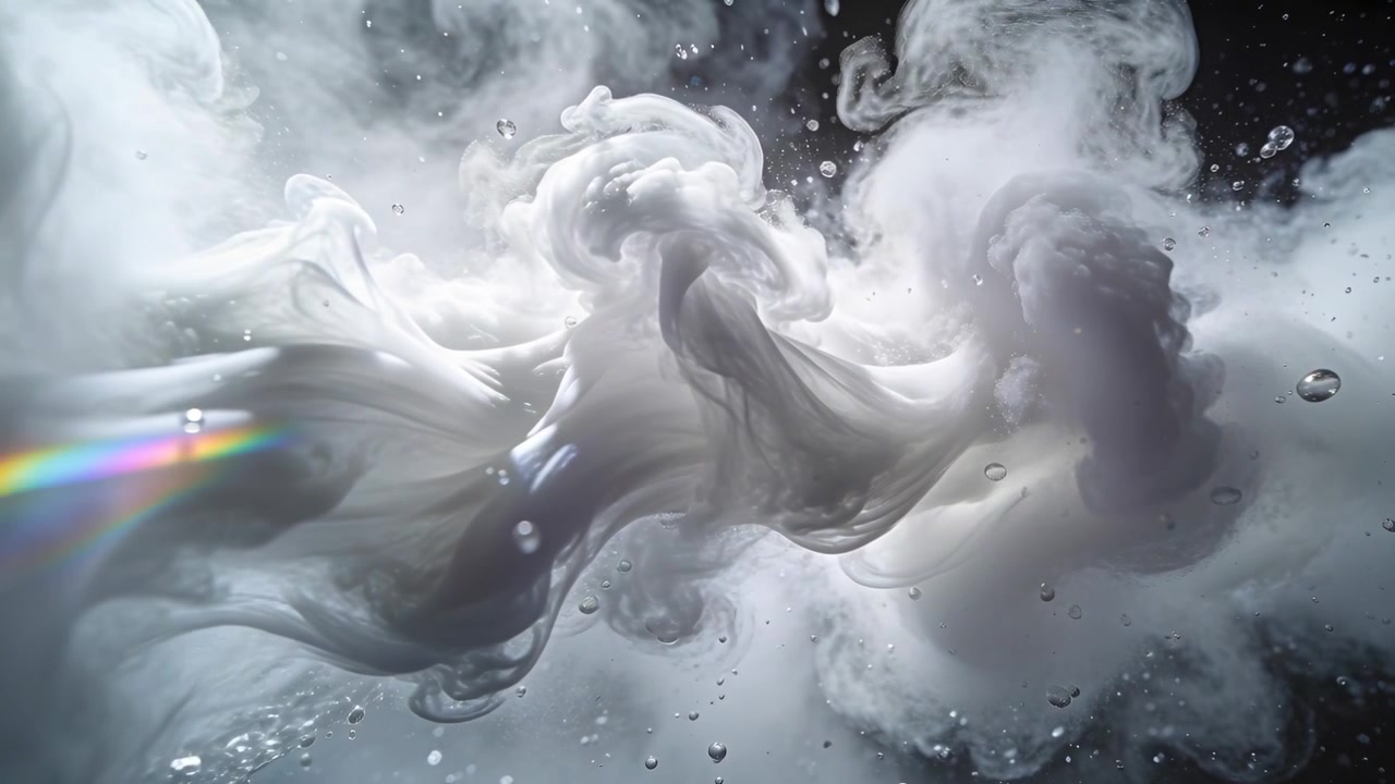 Injecting white pigment plume dispersing and curling in studio tank, with bubbles, rainbow flare