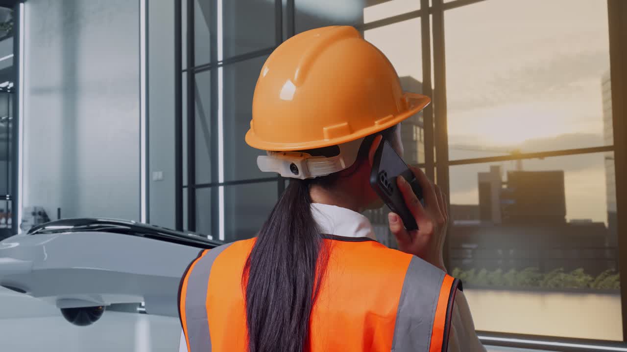trabajador de la construcción en el teléfono en una oficina moderna