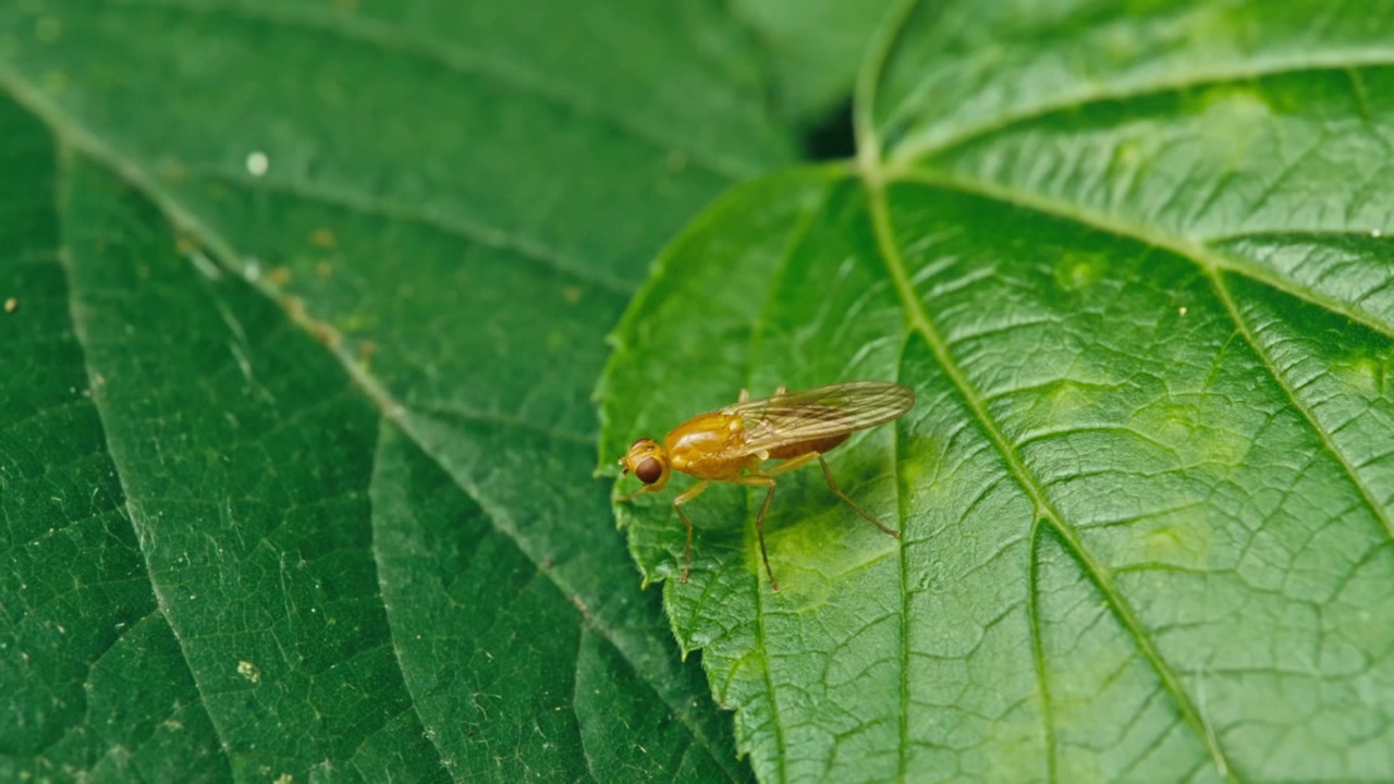 Macro di una mosca stercoraria che striscia su foglie verdi mentre la telecamera ne segue il movimento. Luce naturale, texture dettagliata delle foglie e sfondo sfocato.