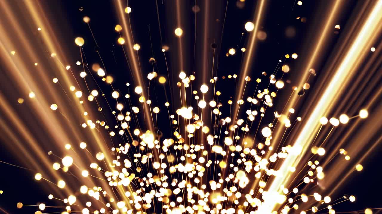 Concetto di video dinamico con una ripresa dal basso di fili di fibra ottica luminosi, per creare una sensazione di