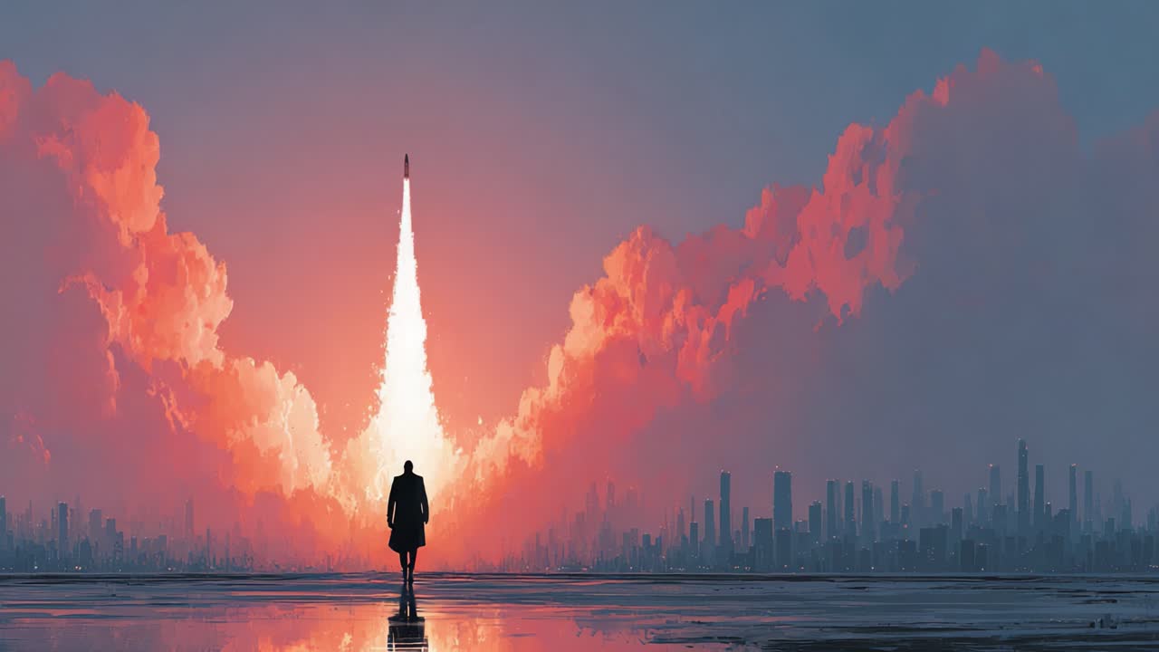 Lone woman standing on a wet surface watching a rocket launching into space with a futuristic city skyline in the background. Conceptual animated illustration of ambition, success, and discovery