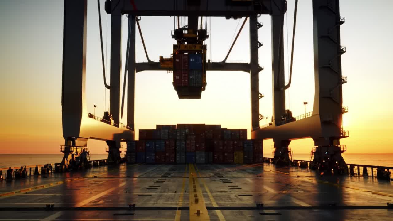 A Majestic Sunset Over a Cargo Ship, Showcasing a Container Crane in Action as it Lifts Colorful Shipping Containers on the Deck, Illuminated by the Golden Hour