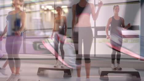 animation of diverse women exercising in class over person running on treadmill