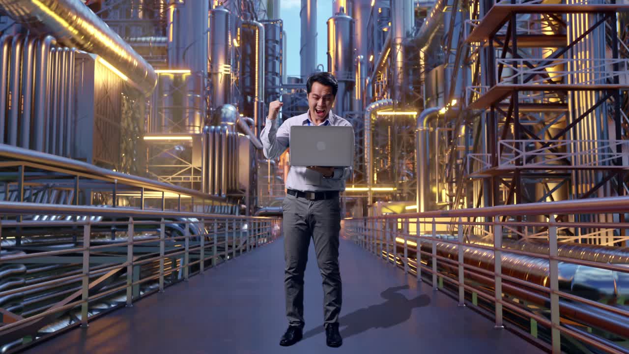 Full Body Of An Asian Male Professional Worker Standing With His Laptop At A Vast Oil Refinery, He Raises His Fist Up With Screaming Goal