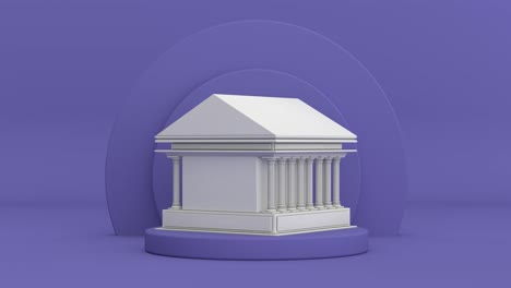 4k resolution video: concrete bank building rotating over violet very peri cylinders products stage pedestal on a violet very peri background loop animation