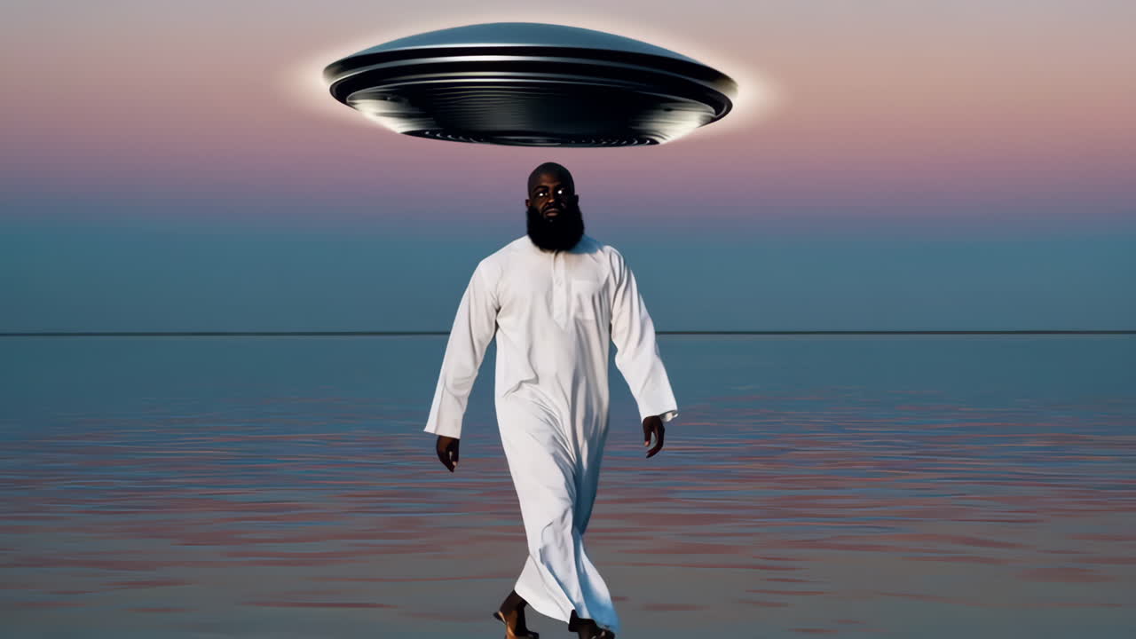 A Man in Traditional Clothing Walking on Water at Sunset with a UFO