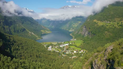 aerial drone shots of geiranger fjord, norway