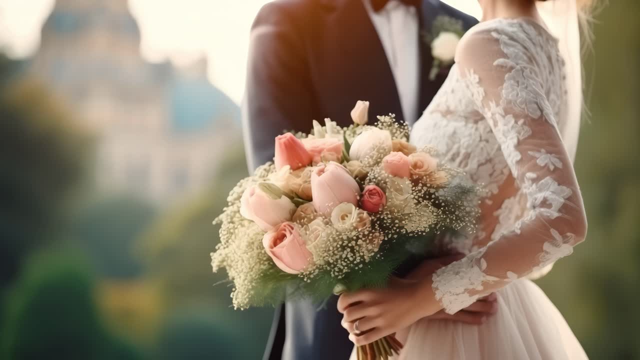 Romantic wedding video scene with a close-up angle of a couple holding a pastel bouquet, soft focus
