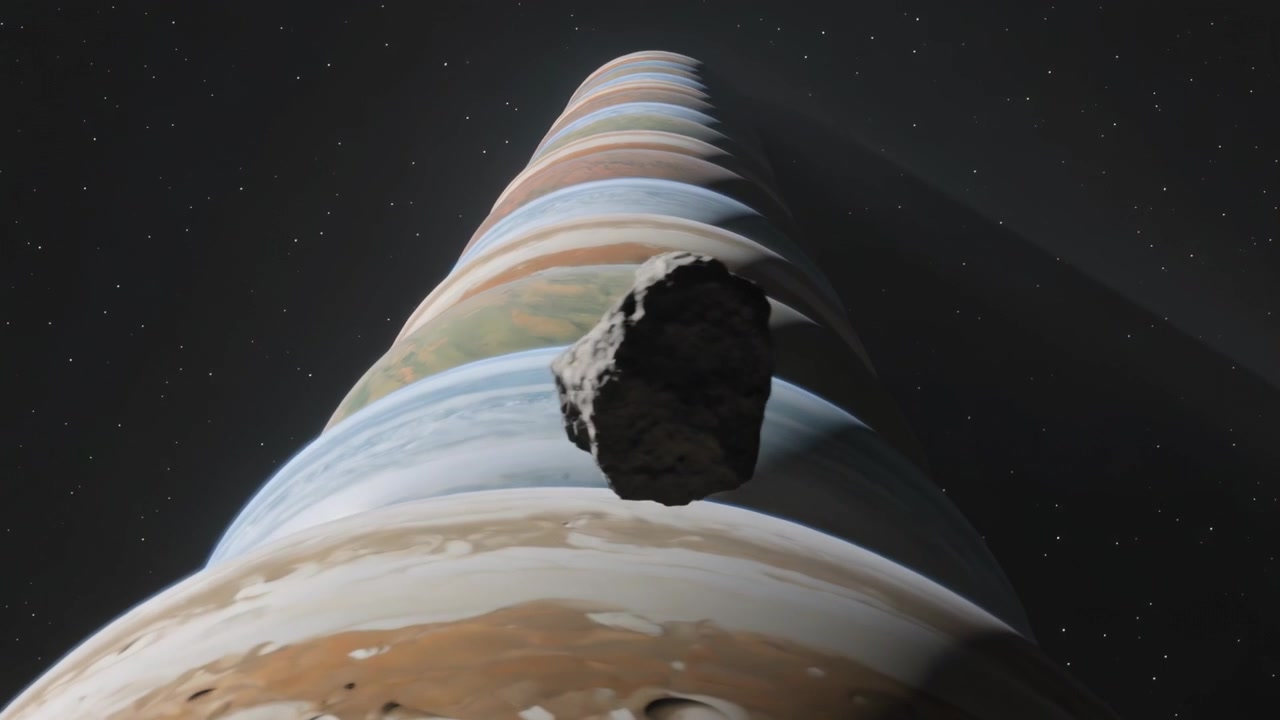 La gravità che attira un asteroide roccioso che attraversa il bordo di un pianeta, mostrando un gigante gassoso a bande e un campo stellare.