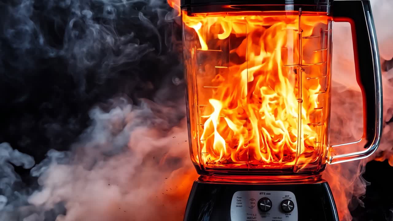 나무 테이블 위 에서 불꽃 이 어 나오는 블렌더