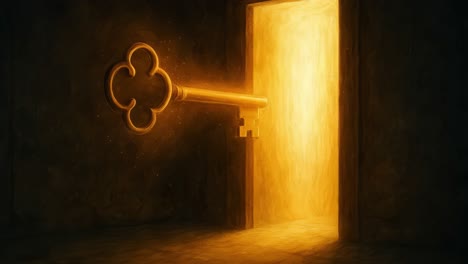 a large, ornate golden key is positioned to unlock a door radiating warm light in a dimly lit space. the key appears to be nearly breaking through, suggesting a moment of anticipation. the surrounding atmosphere conveys mystery and curiosity, as the light spilling from the doorway contrasts with the