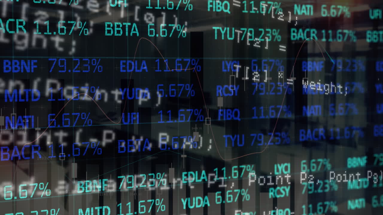 Animation of financial data processing over empty office