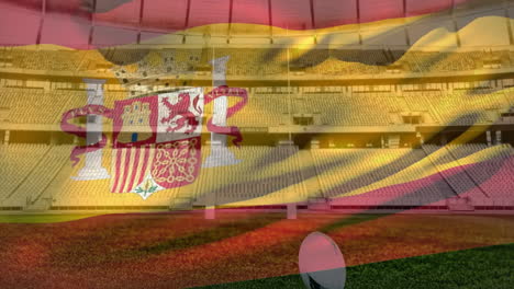 animation of waving flag of spain over stadium with rugby ball