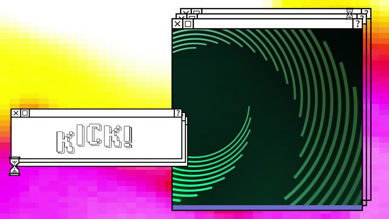 Animation of digital interface with kick text and green shapes on colourful background