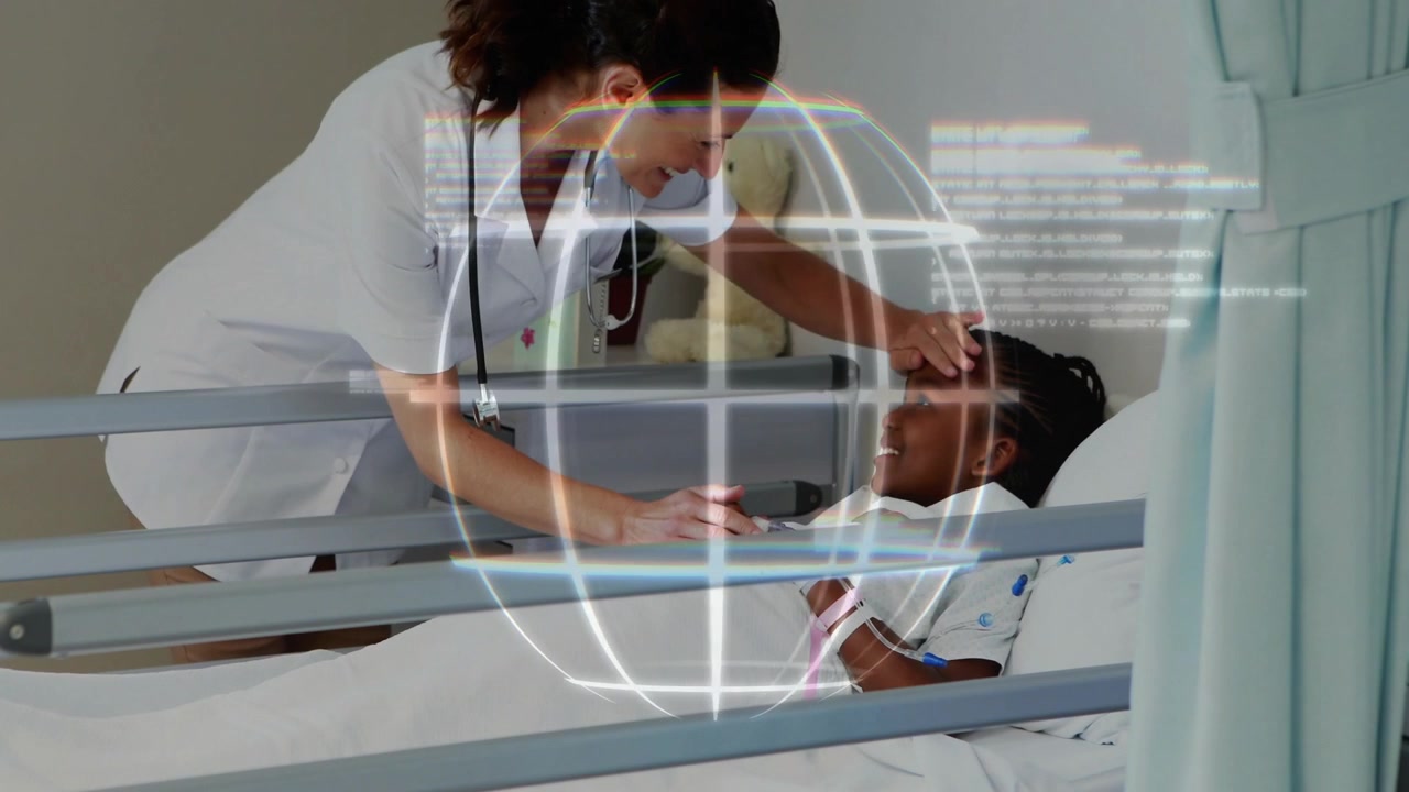 Nurse entering left leaning over bed examining child while health globe overlay hovering over bed