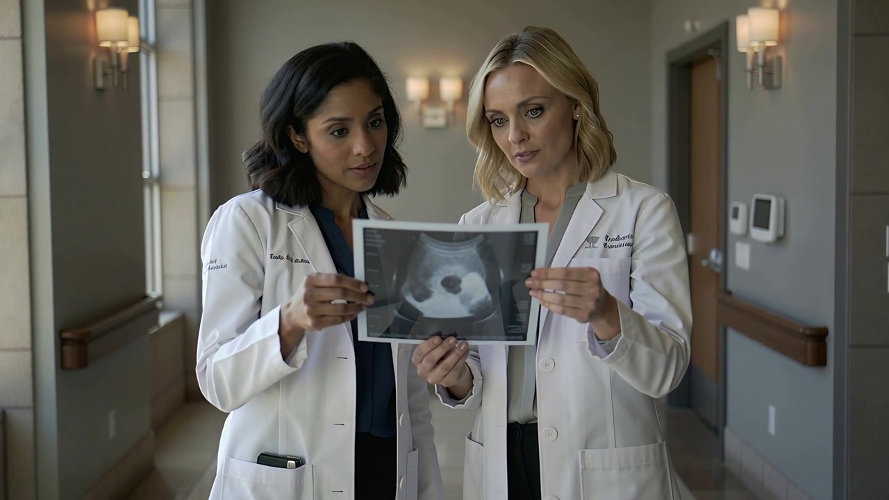 Holding scan and reviewing, two women doctors in lab coats adjusting in hospital hallway
