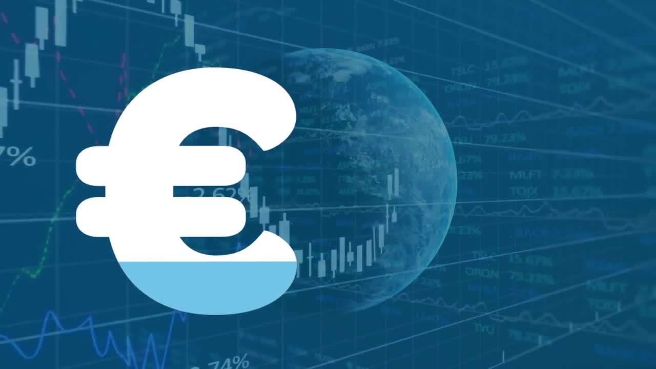 animación del signo del euro con tablero de negociación y gráficos en todo el mundo