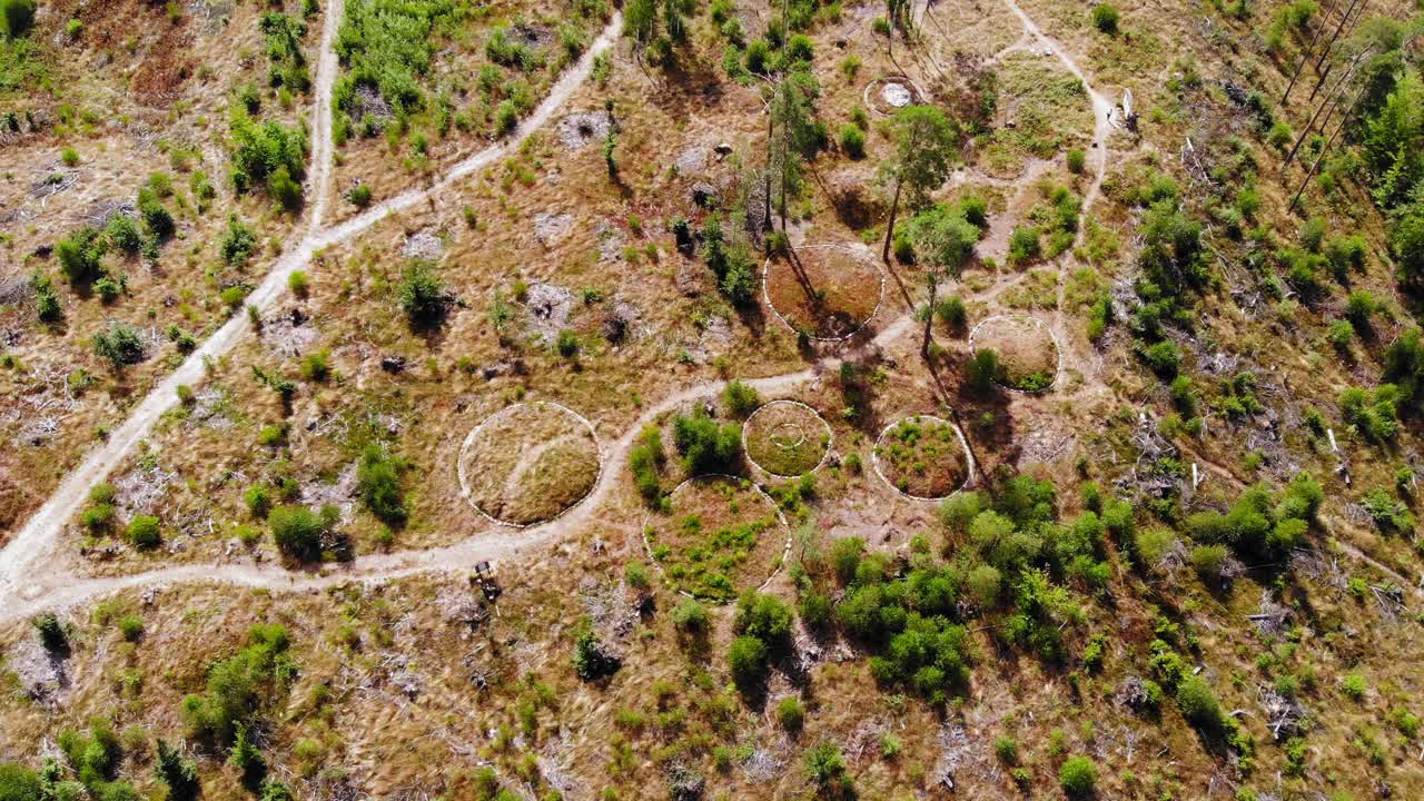 paisaje aéreo de círculos de piedra - sitio arqueológico cerca del lago lesno dolne en polonia - disparo de drones