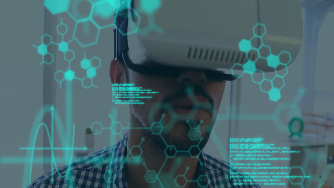 Scientific data with man wearing VR headset in a background 4k