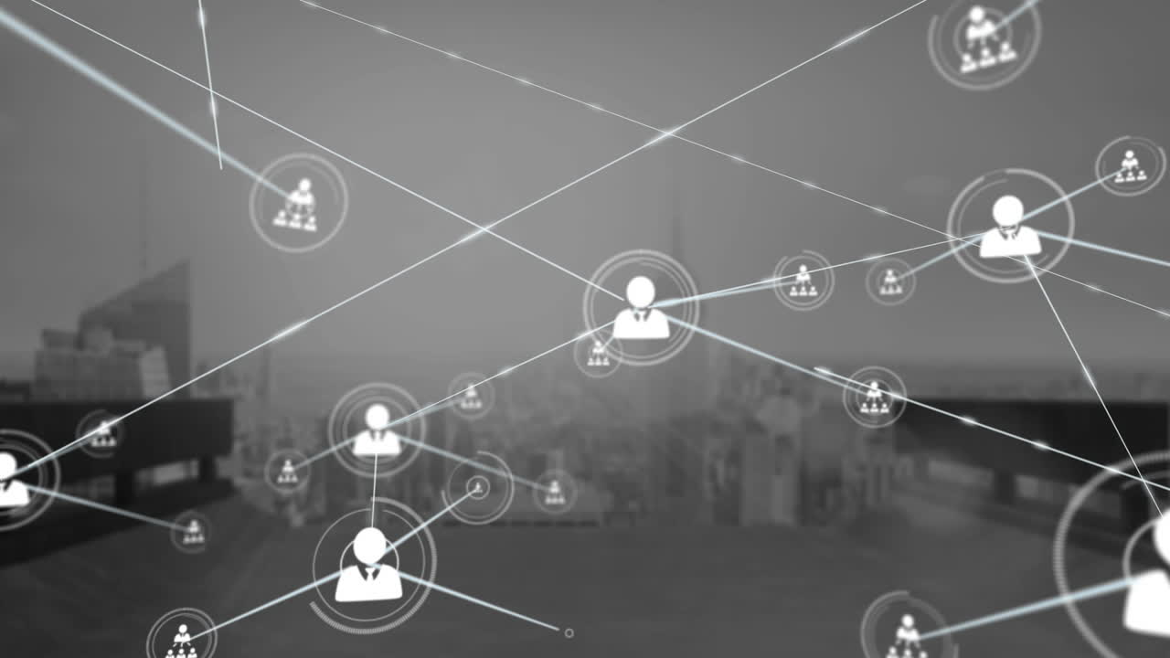 animación de una red de iconos de perfil frente a una vista aérea del paisaje urbano