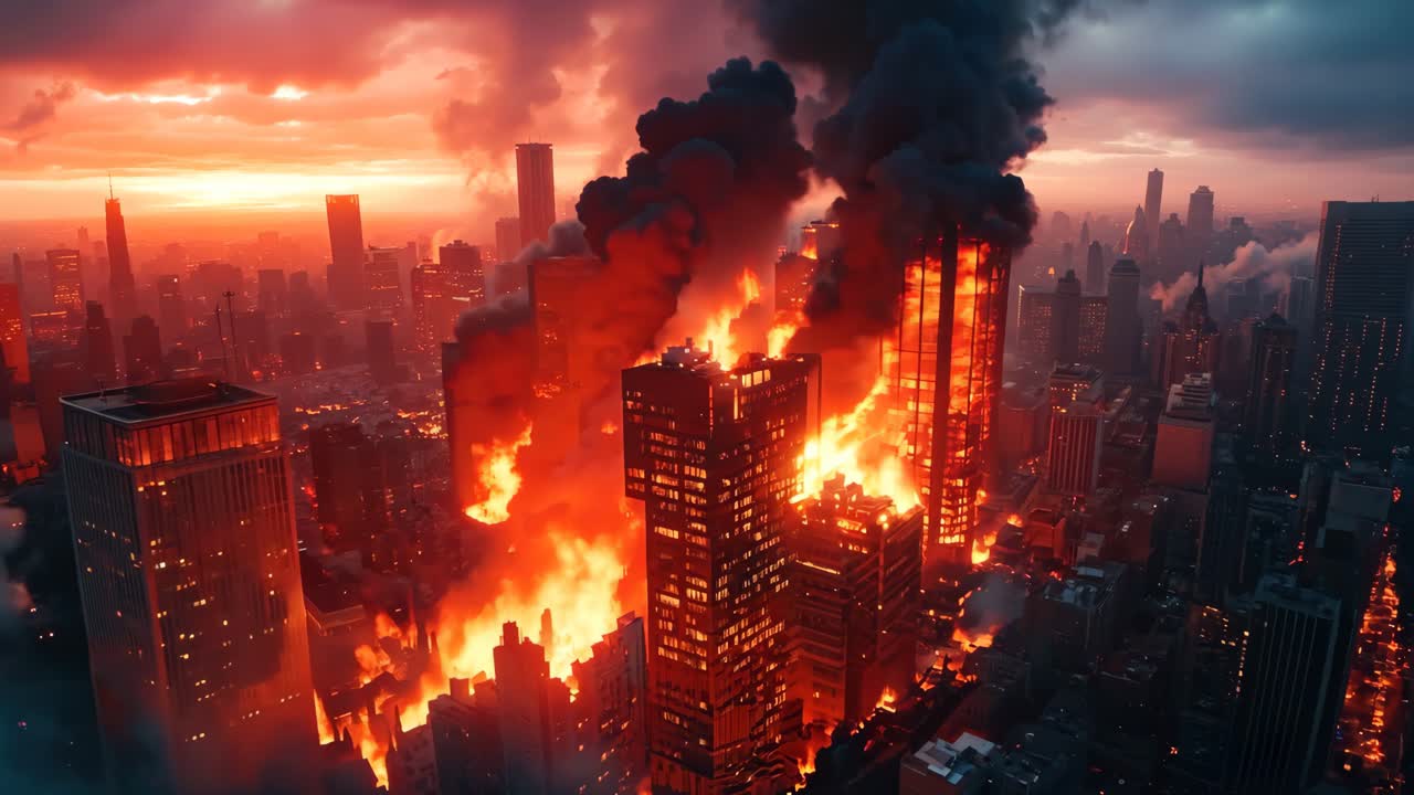 건물 에서 연기가 많이 아오르는 도시 의 전망