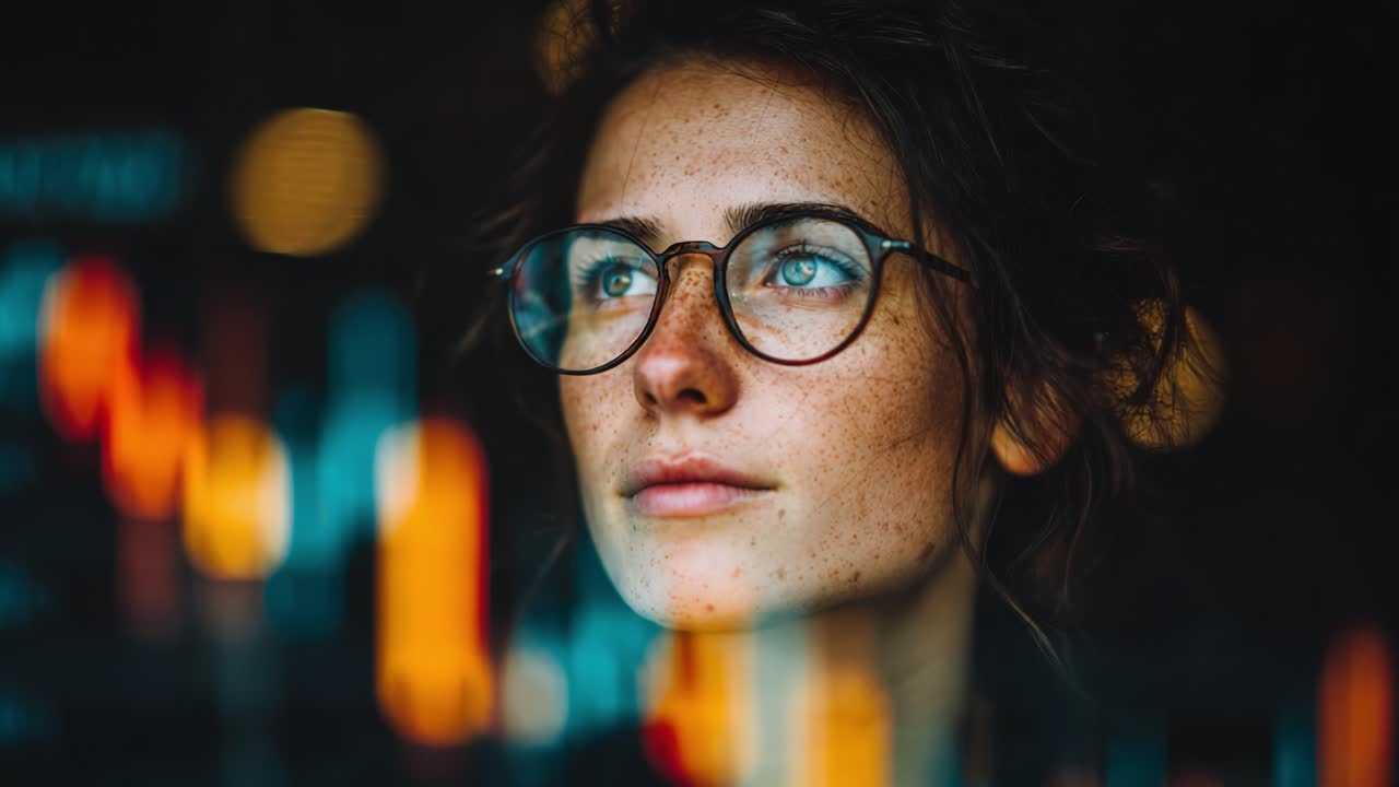 A young woman with striking blue eyes and glasses reflects in a thoughtful gaze as vibrant colors of data charts emerge in the background, highlighting a moment of contemplation and insight