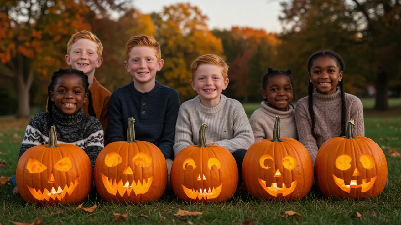 Joyful Children Celebrate Halloween with Grinning Jack-o'-Lanterns in Autumn Park, Showcasing Creative Carvings and Vibrant Fall Colors