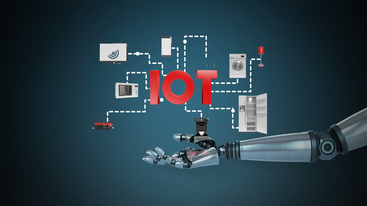 Robotic hand presenting digital iot symbol surrounded with home appliance icons