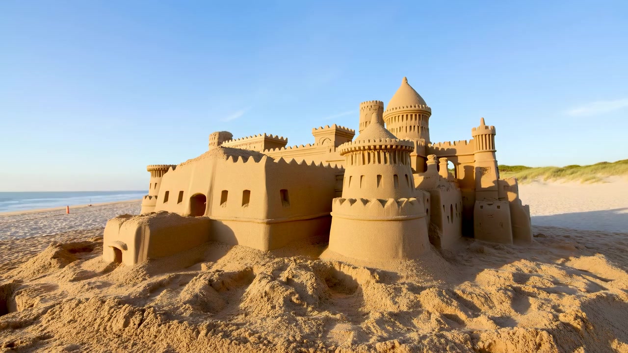 Un piccolo castello di sabbia si erge in primo piano su una spiaggia sabbiosa con basse dune, mare calmo e un cielo azzurro limpido, illuminato dalla calda luce del sole.