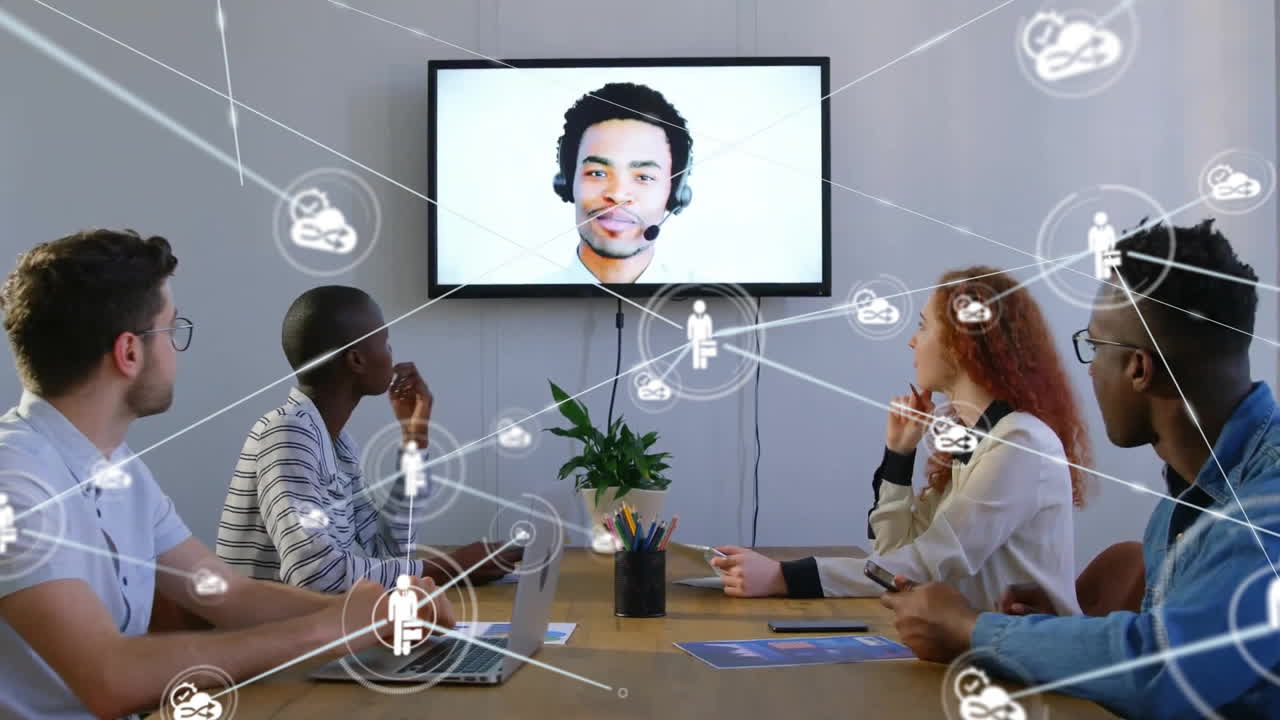 사무실에서 다양한 사업가들과의 아이콘과의 연결 네트워크의 애니메이션