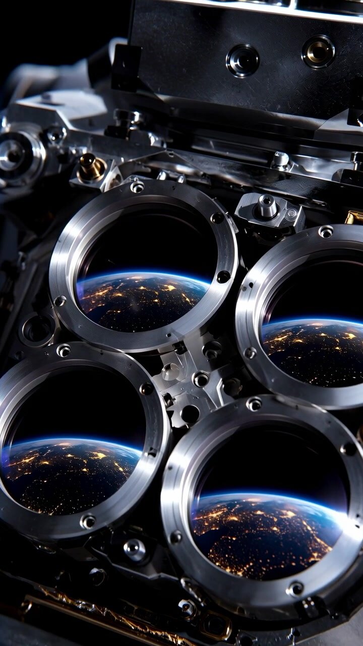 Oblique close-up of multi-lens optical module mounted on spacecraft, reflecting curved Earth horizon with bright blue atmospheric glow, distant city lights, polished metal housing, circular glass