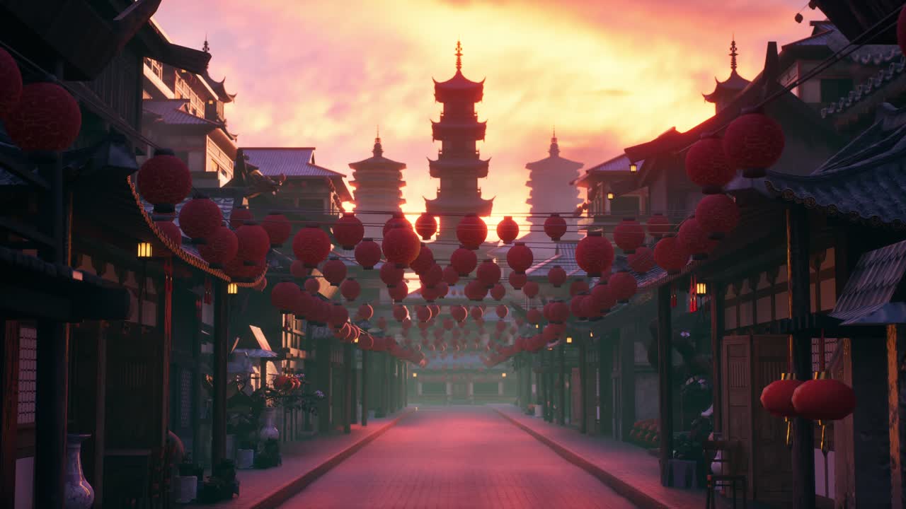 Traditionel asiatisk gade med røde lanterner ved solnedgang eller solopgang.