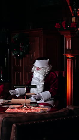 beautiful cozy room with fireplace and old furniture. santa claus working sitting at the table looking through the cards. vertical video