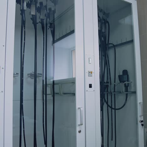 glass wardrobe with medical tools in clinic. surgical instruments in the operating room. medical equipment