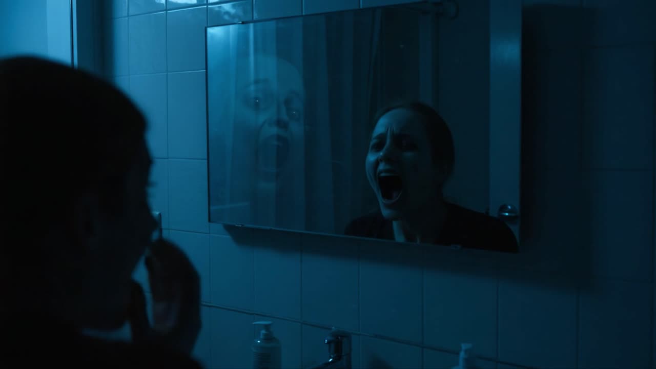 A haunting reflection reveals emotional turmoil, as the character grapples with inner struggles while staring into a dimly lit bathroom mirror, creating an eerie atmosphere