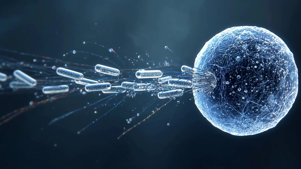 Aste che scorrono si avvicinano a una grande cellula a destra, filamenti che avvolgono e inseriscono le aste, con spazio per il testo.
