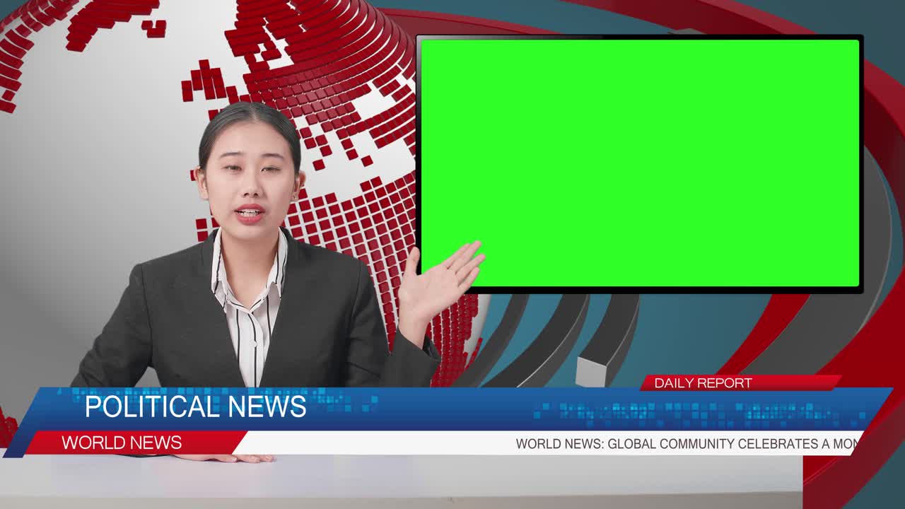 Live News Studio With Asian Professional Female Anchor And Green Screen Television Pointing To Side While Reporting On The Events Of The Day