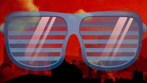 animación de gafas en la ciudad sobre fondo rojo