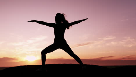 silhouette, sunrise and yoga with a woman outdoor