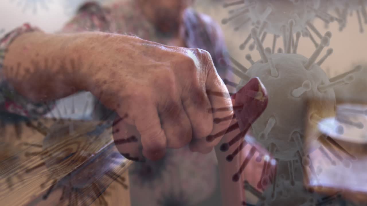 células de covid-19 que se mueven contra un anciano con su bastón