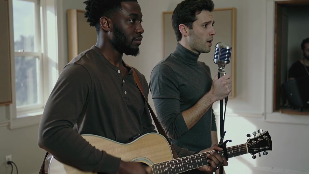 Strumming guitarist starting vocalist singing in studio, rehearsing with guitar and retro mic