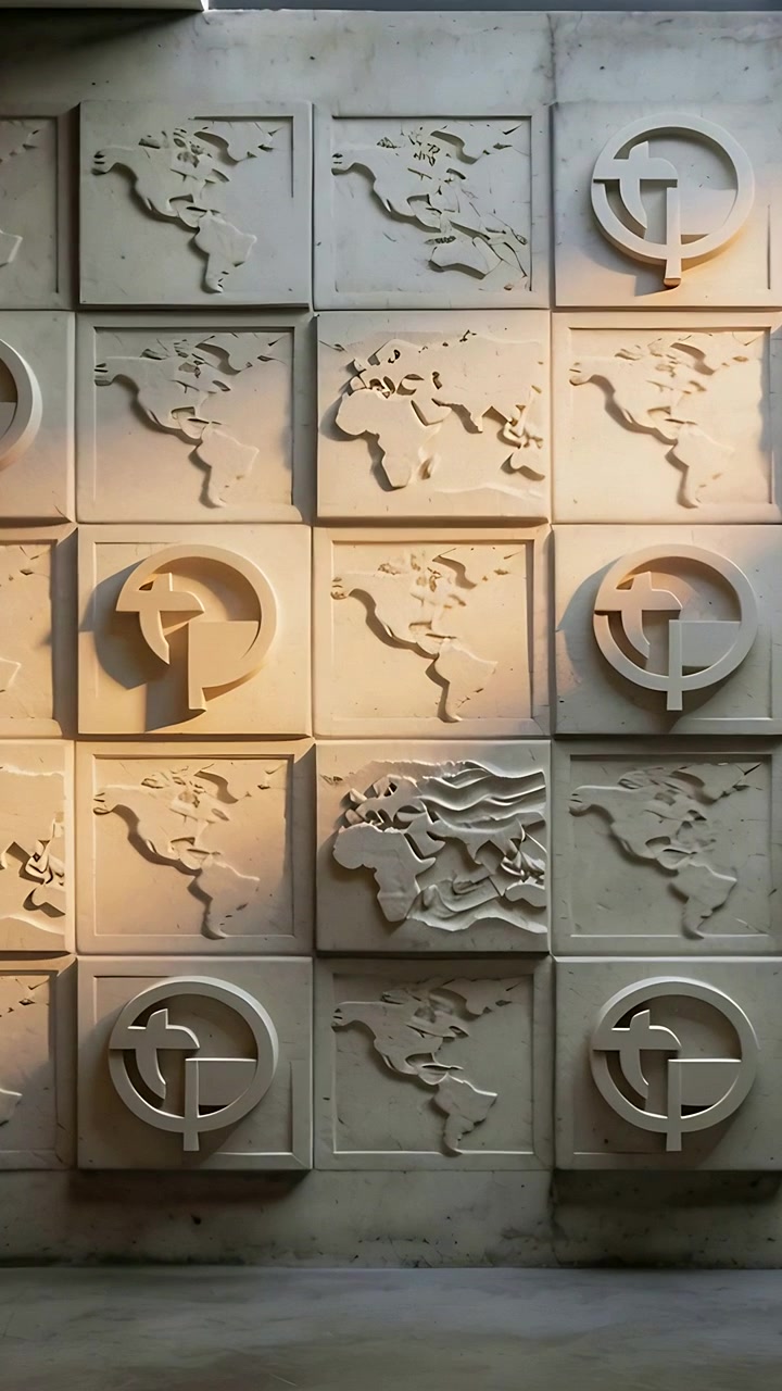 Vertical video: Sunlight sliding from skylight crossing wall in lobby, revealing topography tile