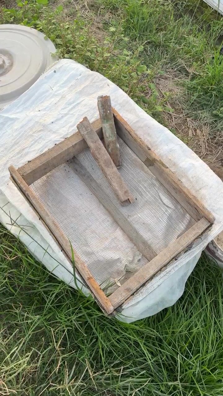 Telaio di setaccio in legno appoggiato su un contenitore di plastica bianco nell'erba
