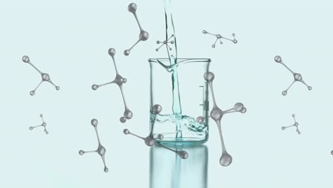 animation of molecules spinning over blue liquid pouring into laboratory beaker