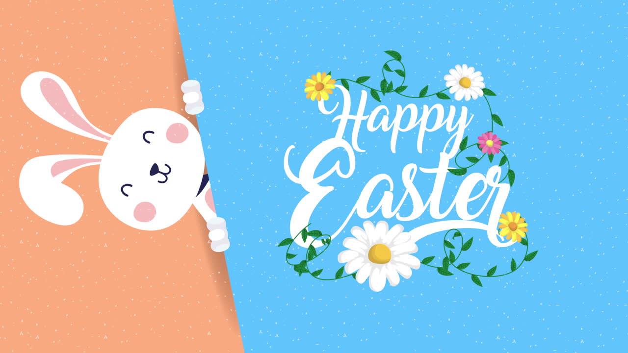 토끼와 꽃 장식과 함께 행복한 부활절 애니메이션 카드