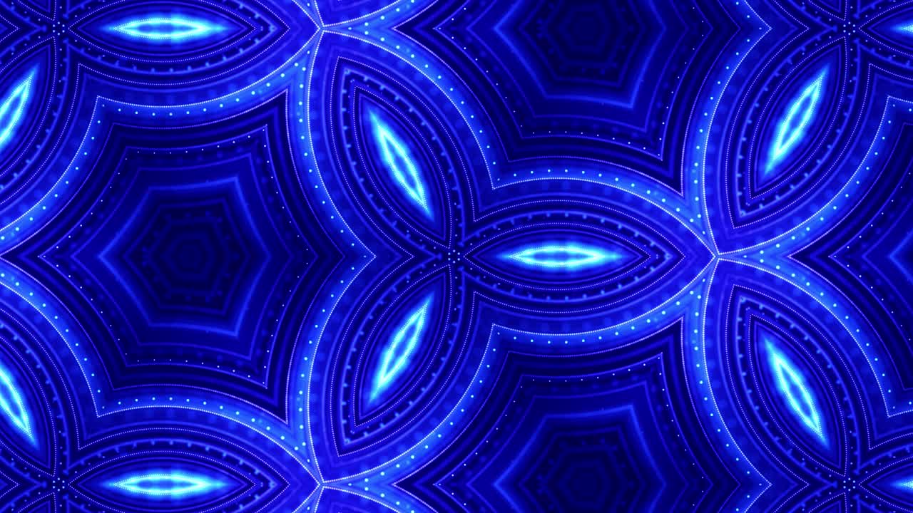 Tema abstrato caleidoscópico. Fundo 3D de ficção científica em loop 4K com partículas azuis brilhantes formando linhas, superfícies, padrões e estruturas simétricas complexas.